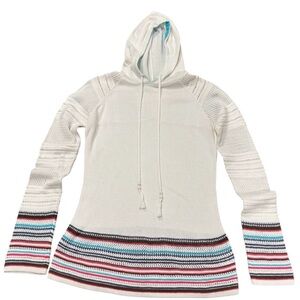 Athleta Striped Crochet Knit Pullover Hoodie Long Sleeve Boho Sweater Size XS